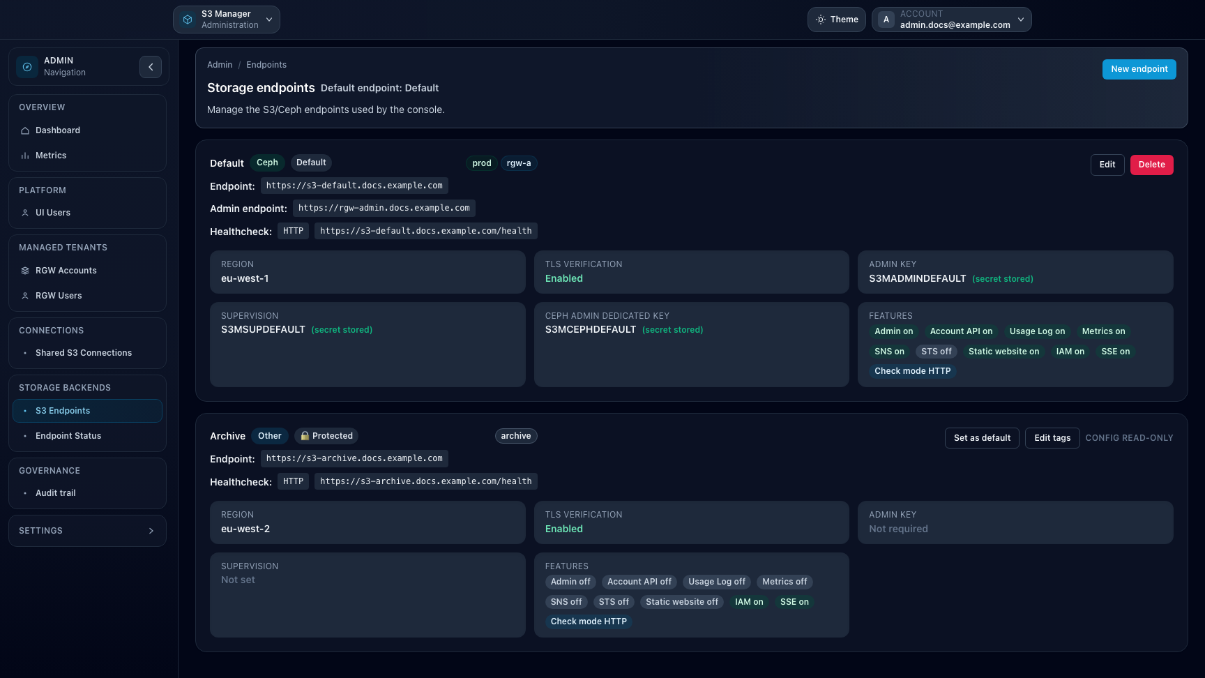 Admin Storage endpoints page showing endpoint capabilities and credentials state