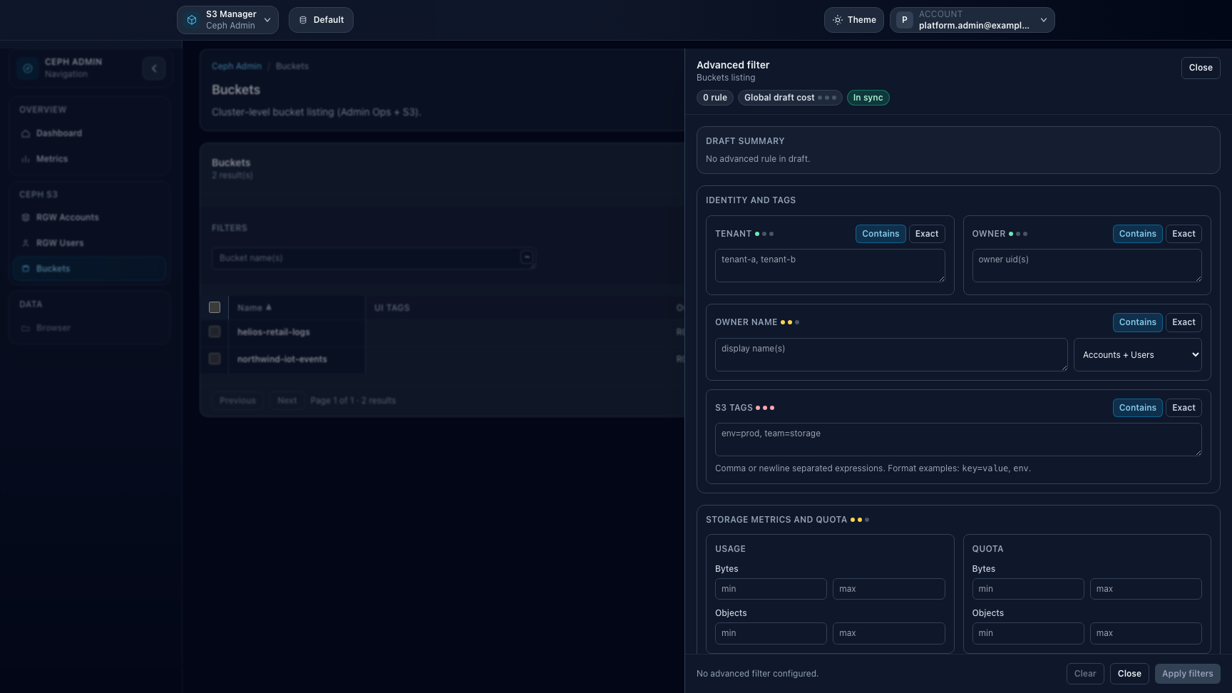 Ceph Admin buckets page with advanced filter drawer open