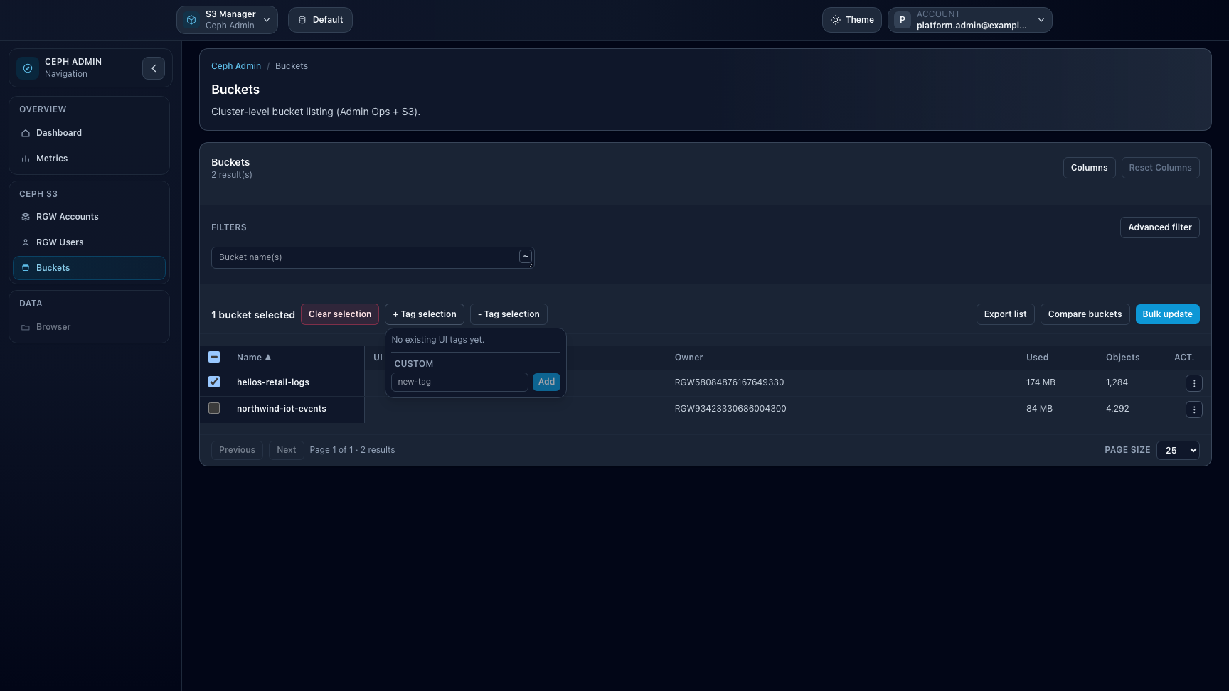 Ceph Admin selected buckets with UI tag operations open