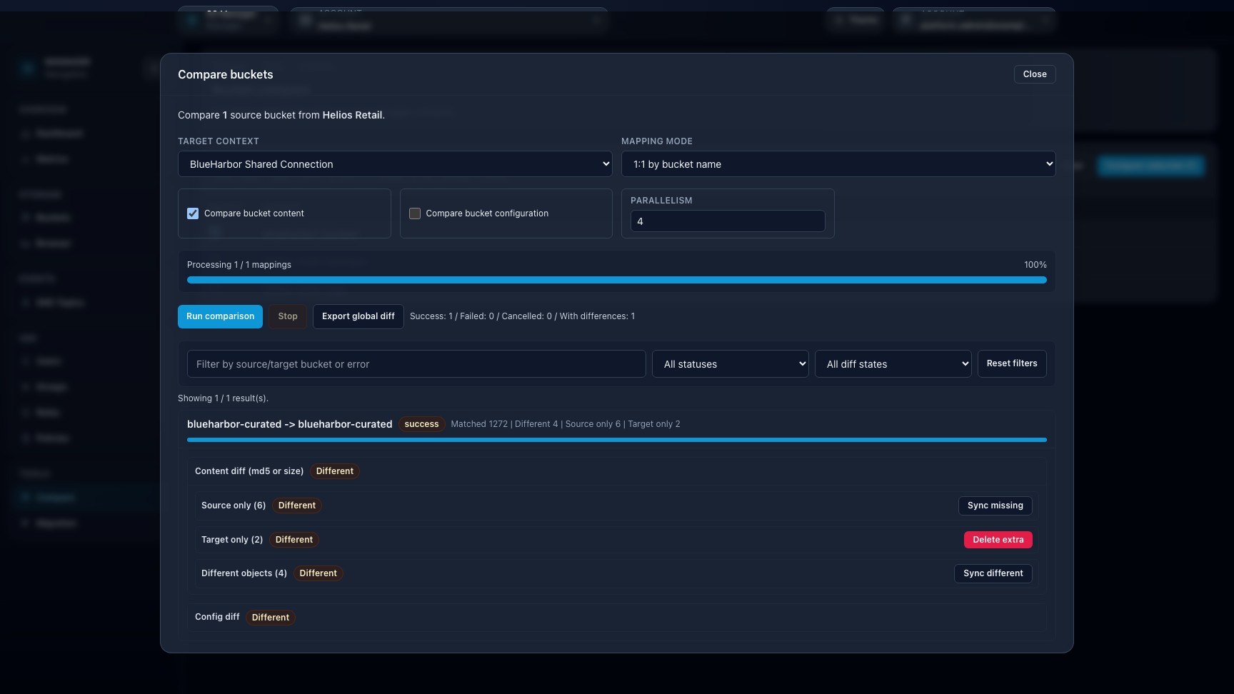 Manager bucket compare result with differences and remediation actions