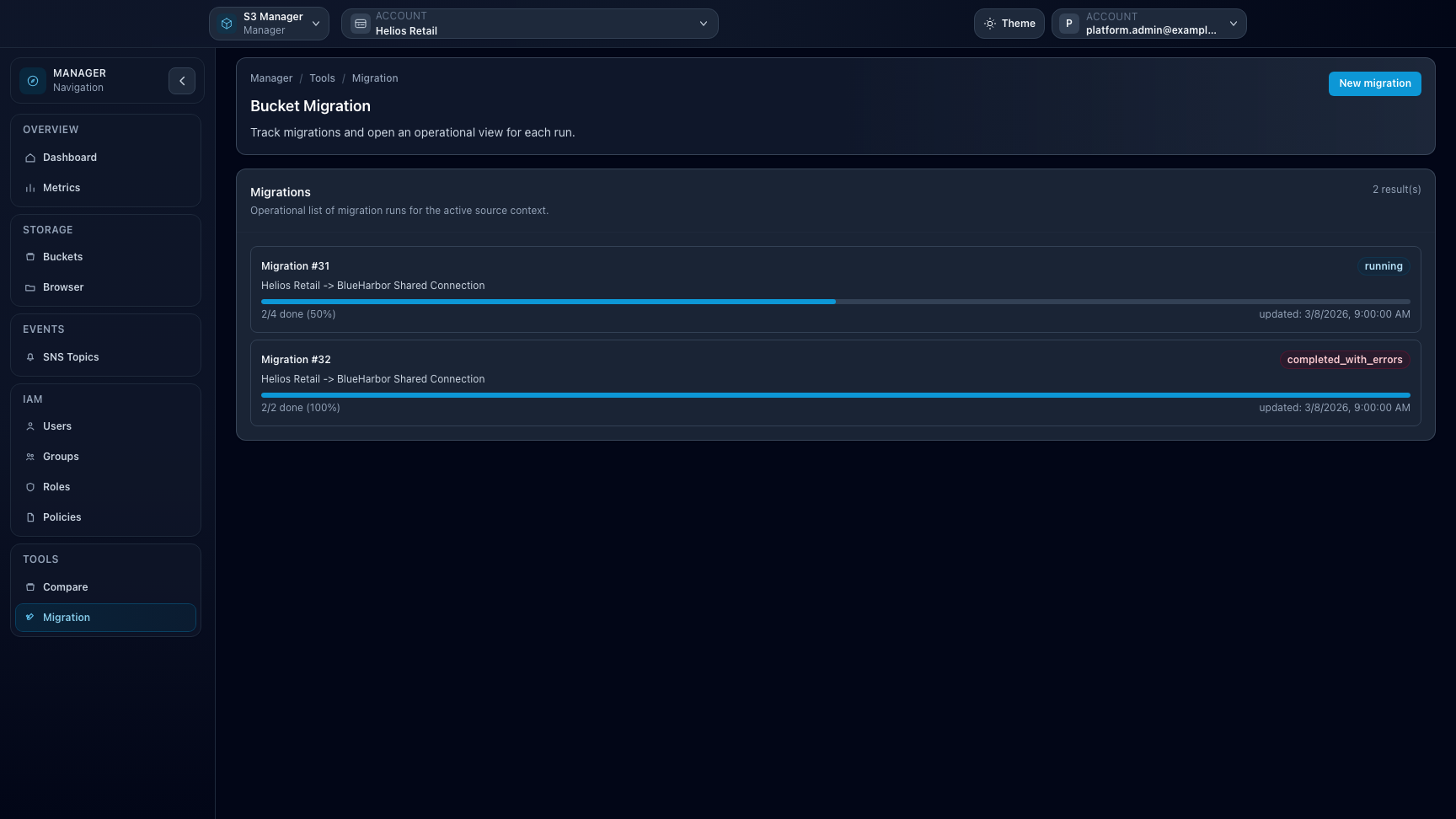 Manager bucket migration page with migration runs and statuses