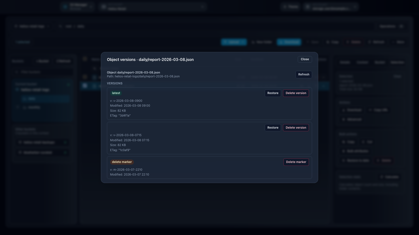 Browser object versions modal listing prior versions and a delete marker for a report object