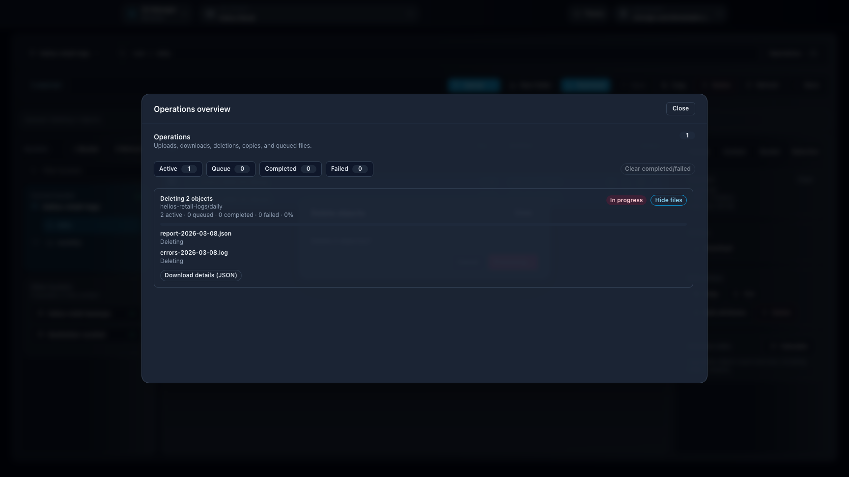 Browser operations overview modal showing an in-progress delete across selected objects