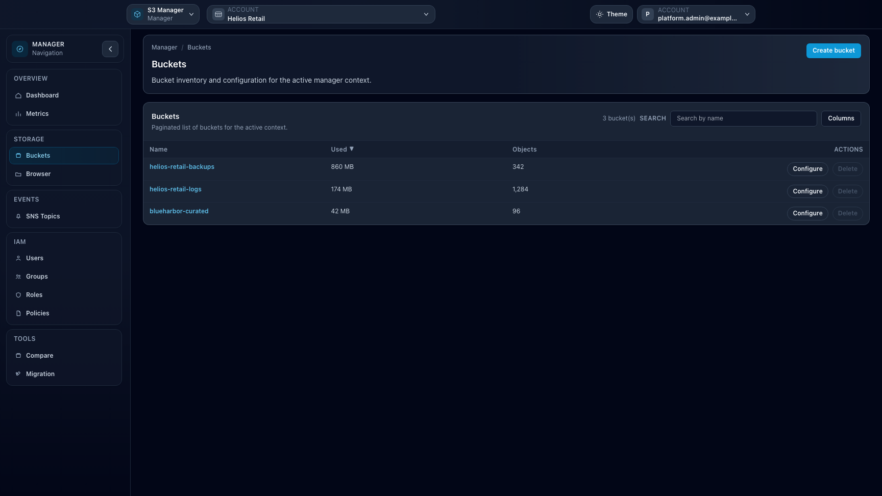 Manager bucket list with configure action