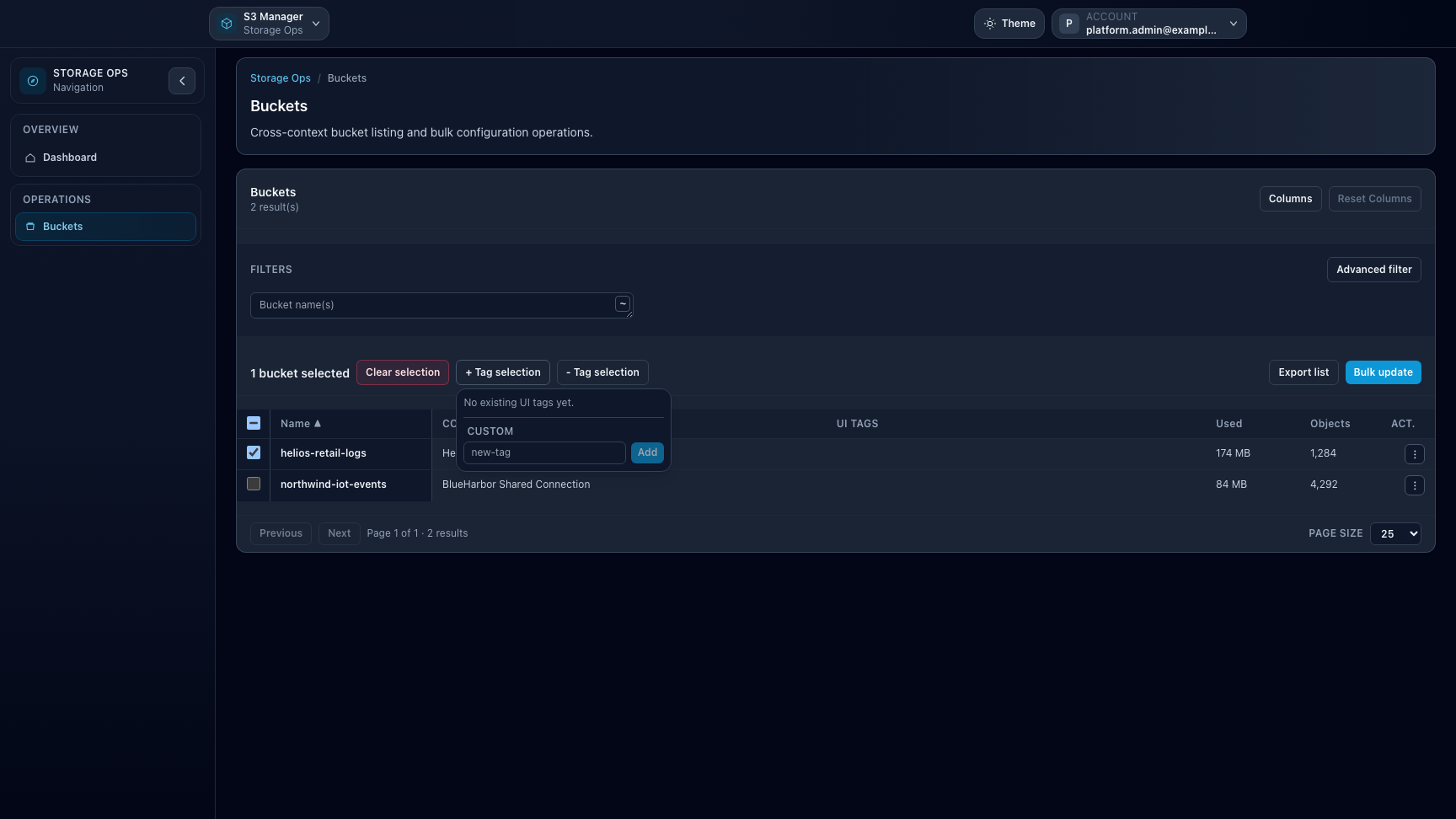 Storage Ops bucket list with UI tags workflow on selected buckets