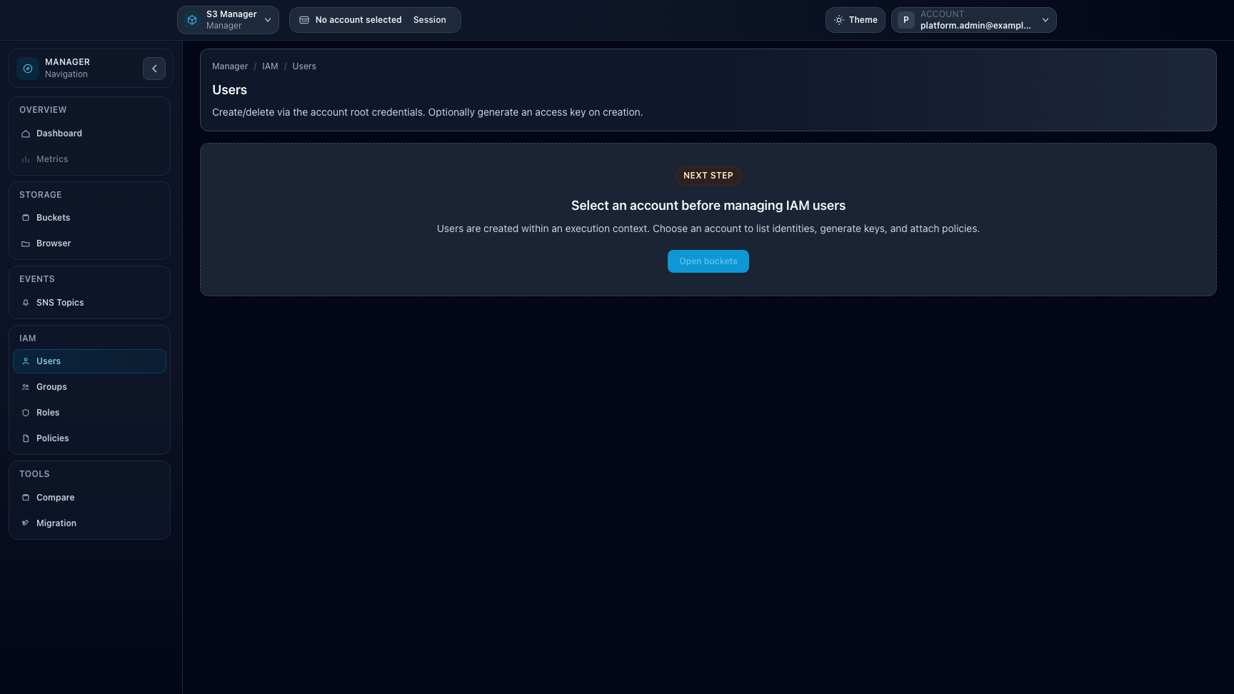Troubleshooting example when no account context is selected