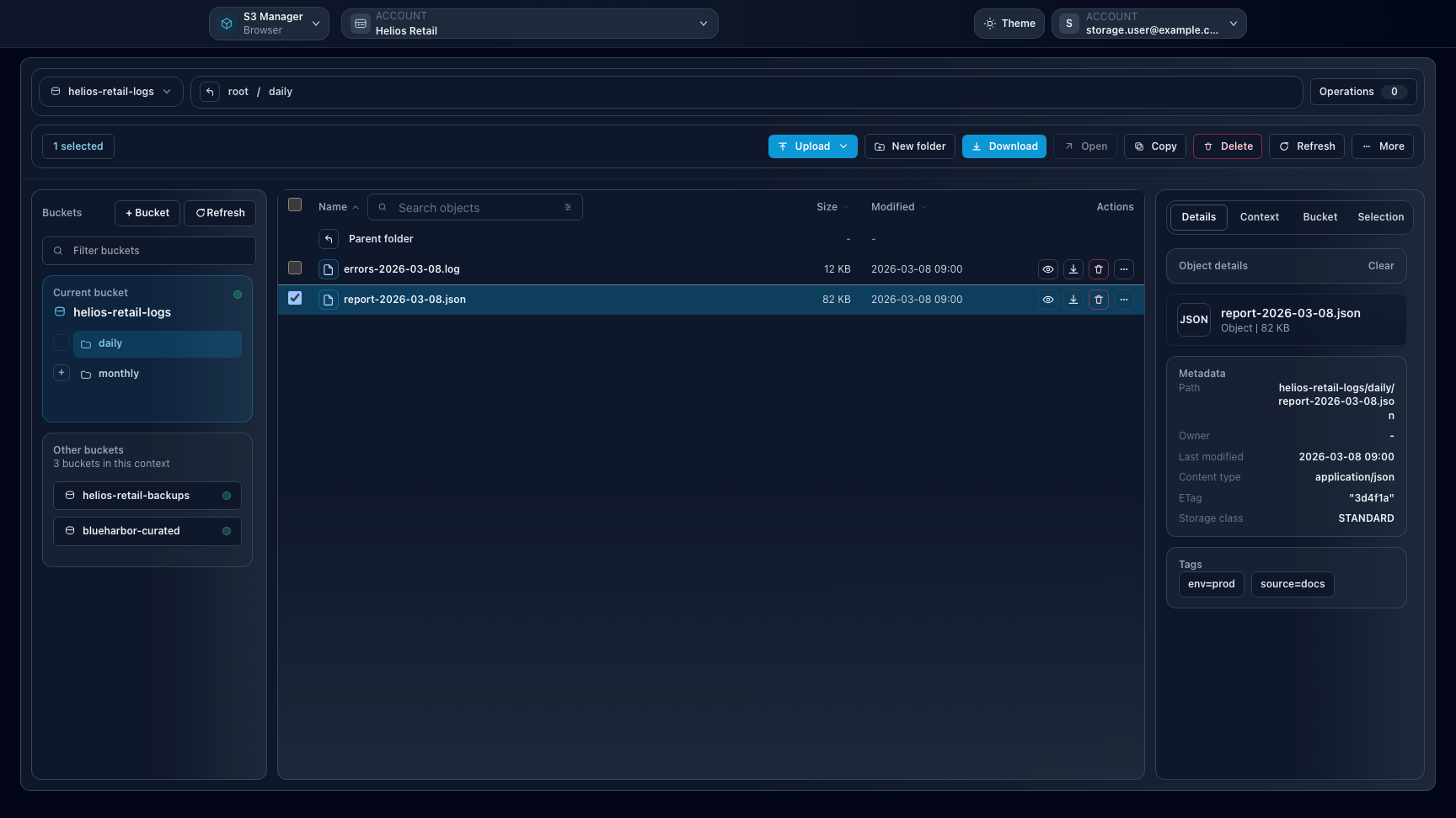 Browser workspace with folders panel, action bar, and details inspector open on a daily report object