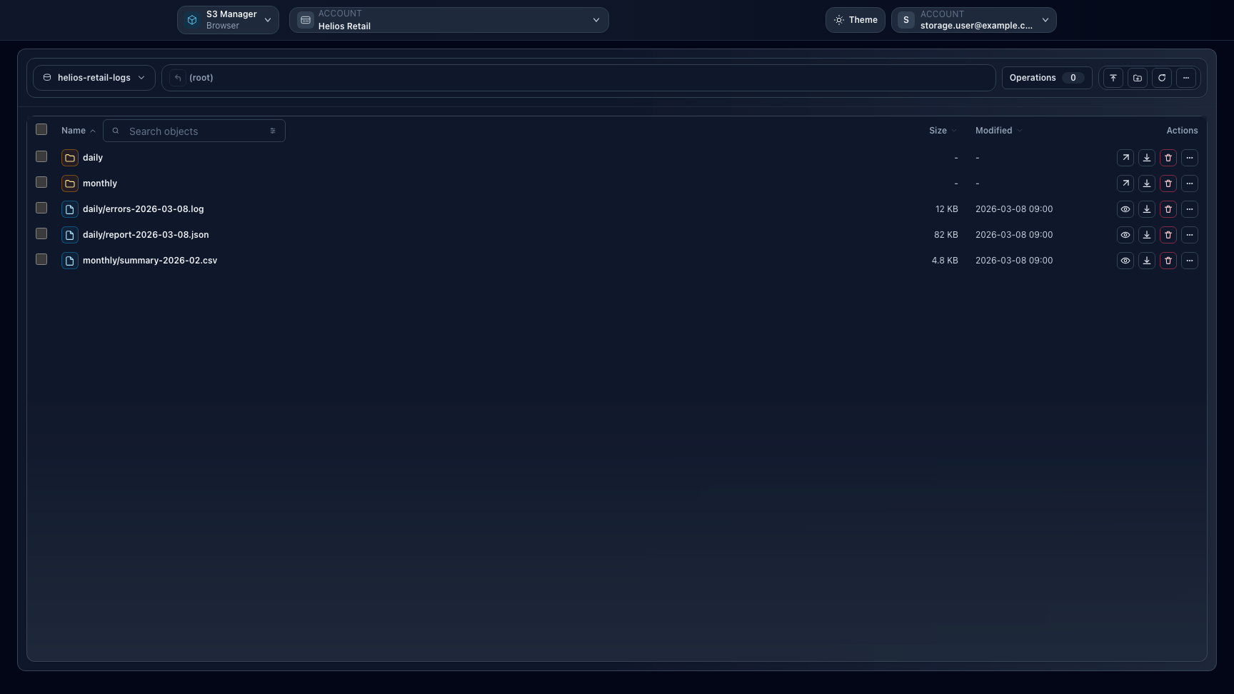 Browser workspace with bucket panel, object list, and operations toolbar
